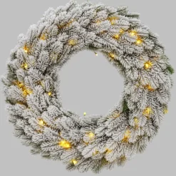 Corona Alpino in finto pino a batteria, floccato bianco, Ø 60 cm, 80 led integrati bianco caldo