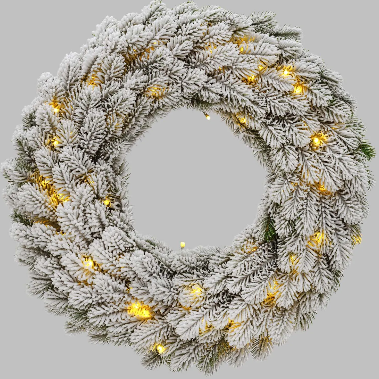 Corona Alpino in finto pino a batteria, floccato bianco, Ø 60 cm, 80 led integrati bianco caldo