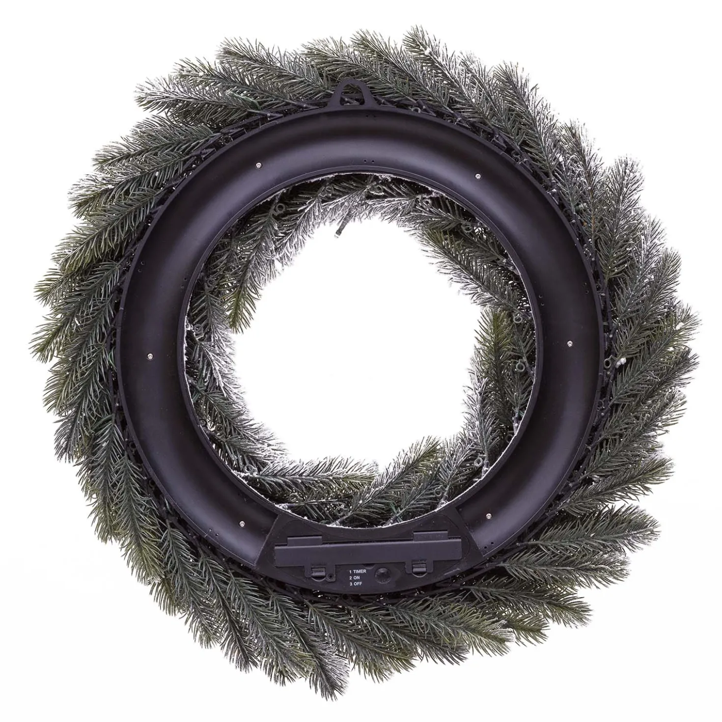 Corona Alpino in finto pino a batteria, floccato bianco, Ø 60 cm, 80 led integrati bianco caldo