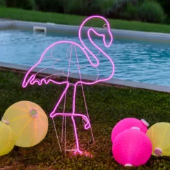 Fenicottero rosa neon da giardino, lato sinistro