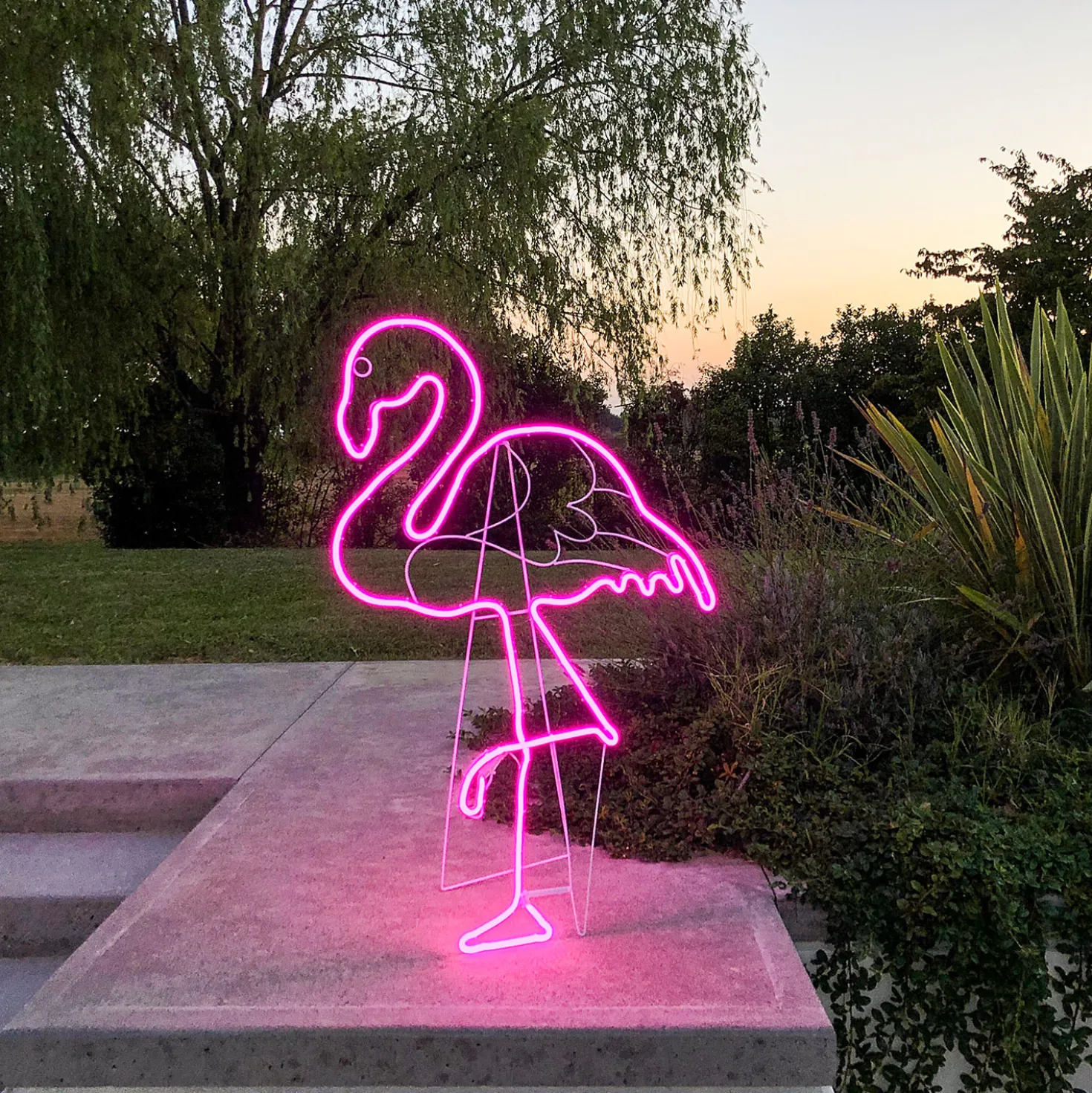 Fenicottero rosa neon da giardino, lato destro