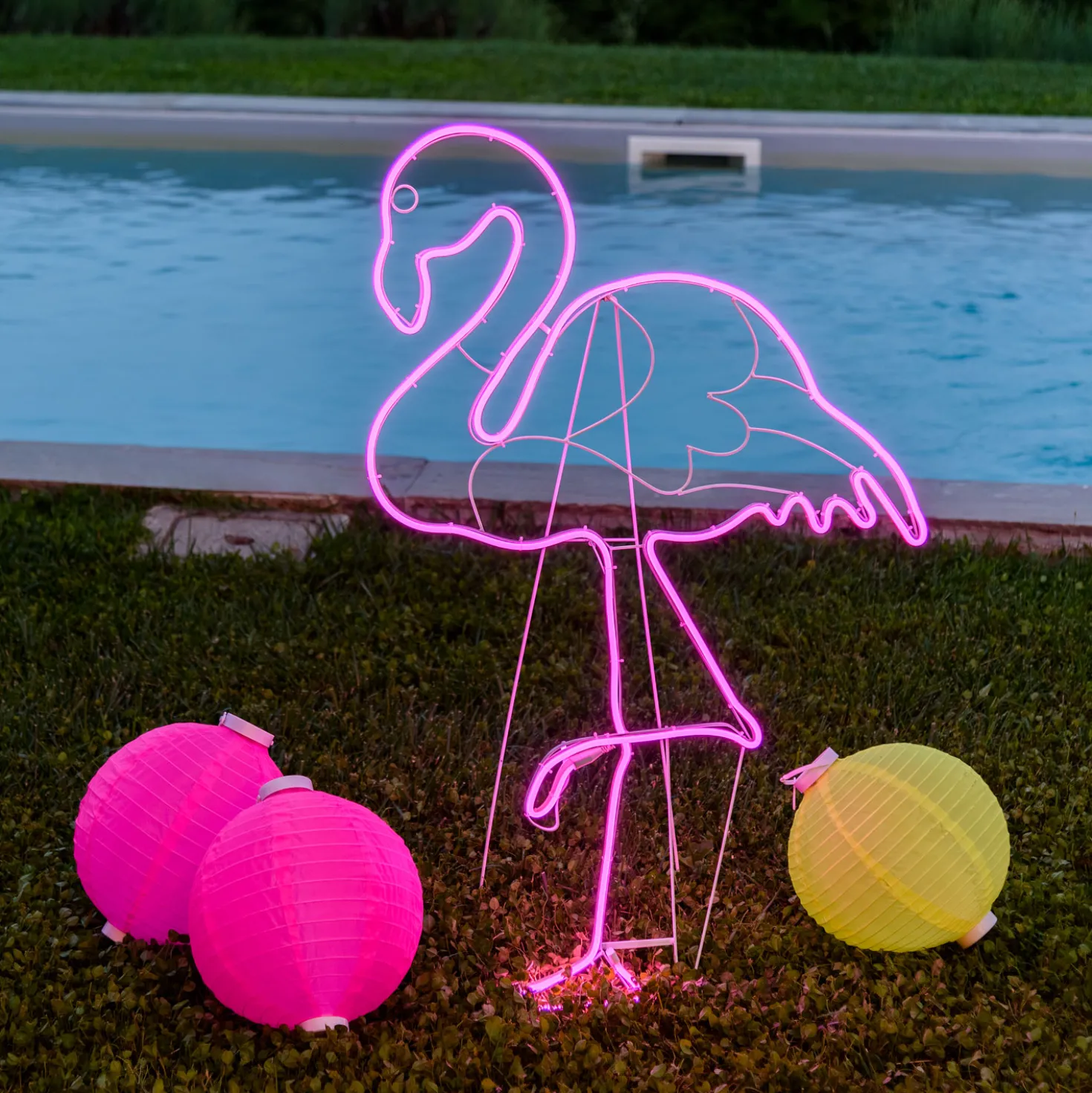 Fenicottero rosa neon da giardino, lato destro