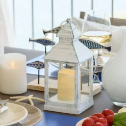 Lanterna bianco antico con candela, led bianco caldo (24 cm)