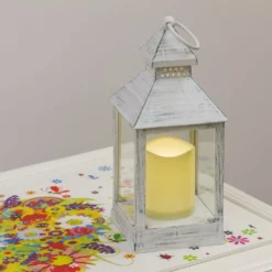 Lanterna bianco antico con candela, led bianco caldo (24 cm)