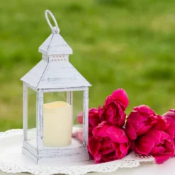 Lanterna bianco antico con candela, led bianco caldo (24 cm)