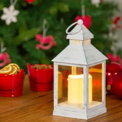 Lanterna bianco antico con candela, led bianco caldo (24 cm)