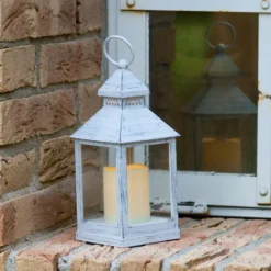 Lanterna bianco antico con candela, led bianco caldo (24 cm)