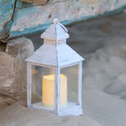 Lanterna bianco antico con candela, led bianco caldo (24 cm)