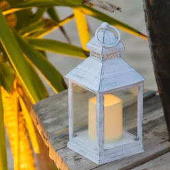 Lanterna bianco antico con candela, led bianco caldo (24 cm)