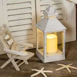 Lanterna bianco antico con candela, led bianco caldo (24 cm)