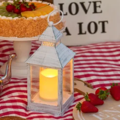 Lanterna bianco antico con candela, led bianco caldo (24 cm)