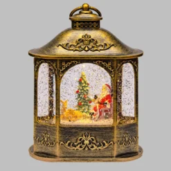 Lanterna Esagonale marrone brunita, glitter scintillante, h 21 cm, musiche natalizie, led bianco caldo
