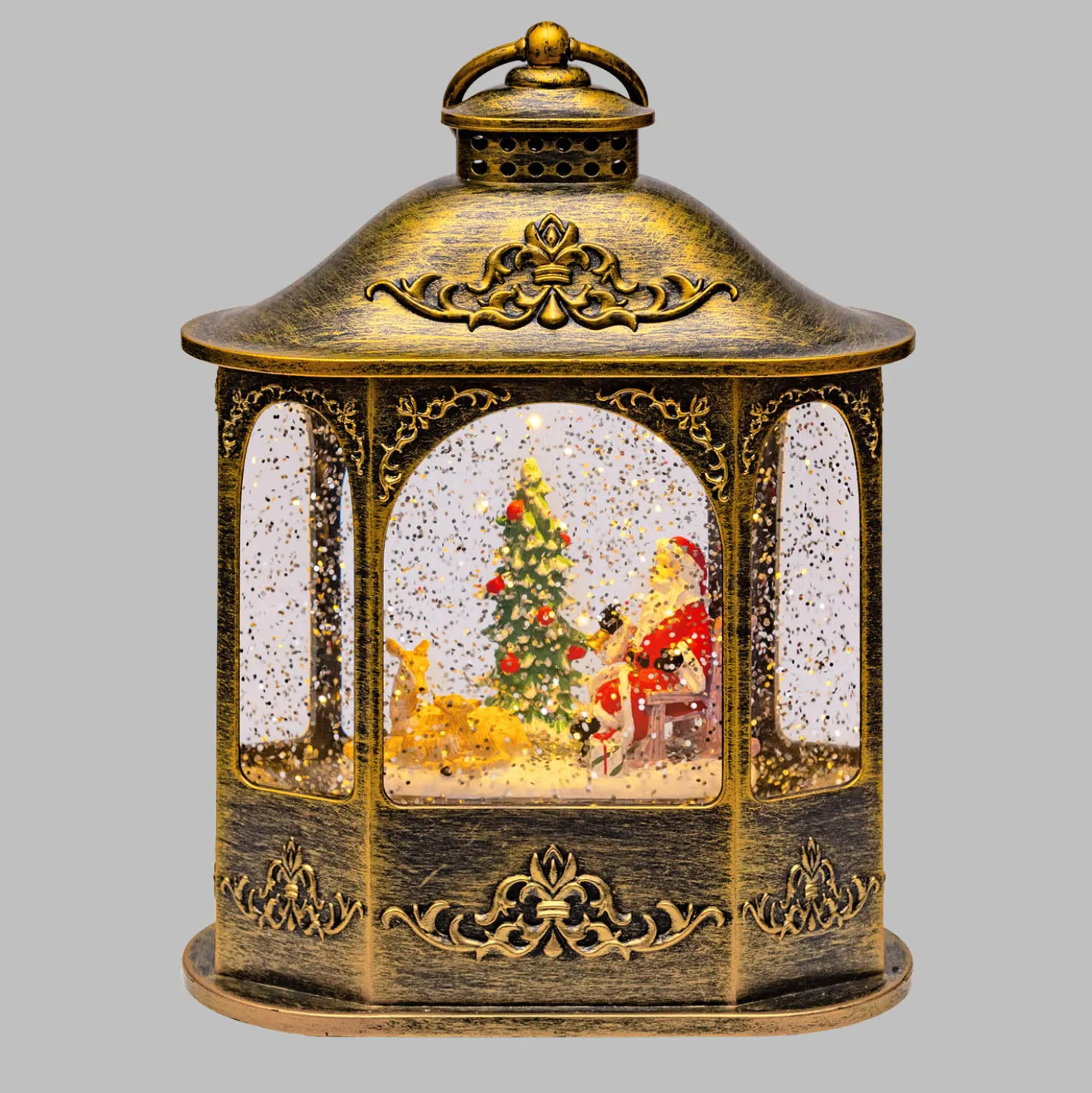Lanterna Esagonale marrone brunita, glitter scintillante, h 21 cm, musiche natalizie, led bianco caldo