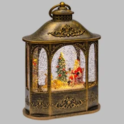 Lanterna Esagonale marrone brunita, glitter scintillante, h 21 cm, musiche natalizie, led bianco caldo