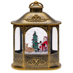 Lanterna Esagonale marrone brunita, glitter scintillante, h 21 cm, musiche natalizie, led bianco caldo