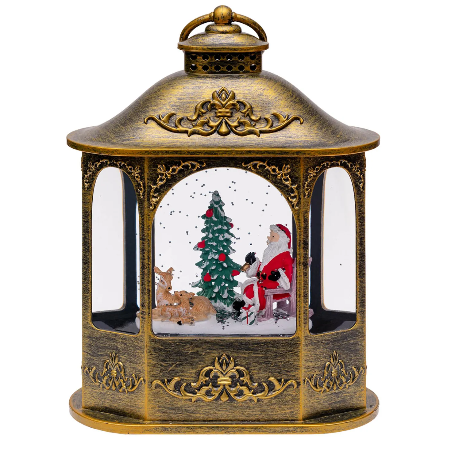 Lanterna Esagonale marrone brunita, glitter scintillante, h 21 cm, musiche natalizie, led bianco caldo