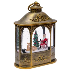Lanterna Esagonale marrone brunita, glitter scintillante, h 21 cm, musiche natalizie, led bianco caldo