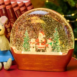 Lanterna in vetro rosso antico, paesaggio con nevicata glitter, h 19 cm, led bianco caldo