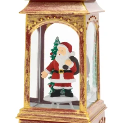 Lanterna natalizia a batteria rosso antico con nevicata glitter, h. 20,5 cm