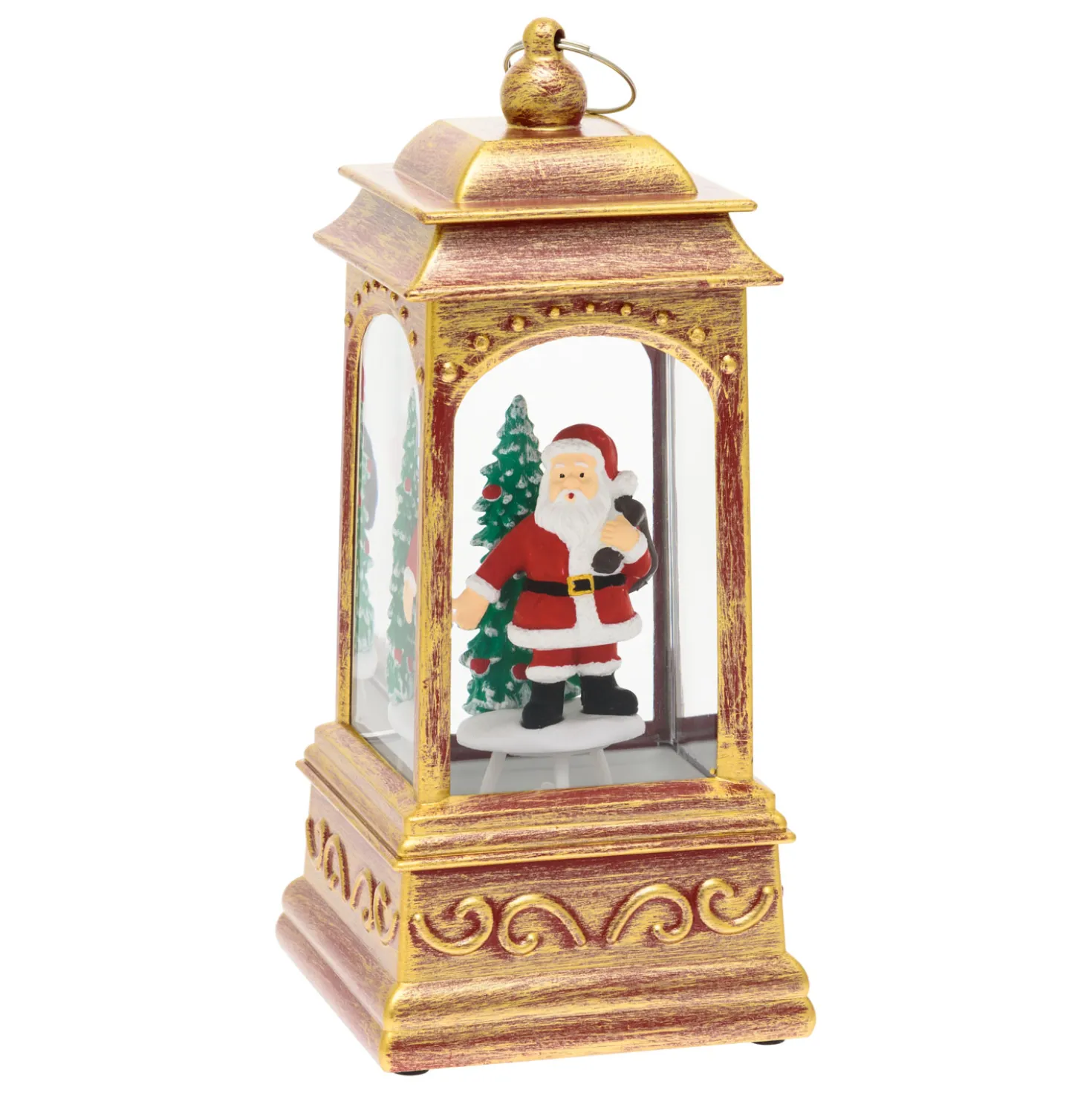Lanterna natalizia a batteria rosso antico con nevicata glitter, h. 20,5 cm