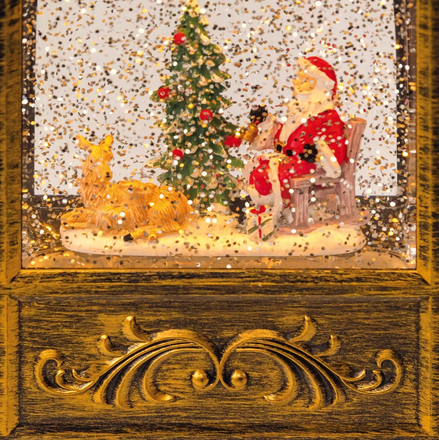 Lanterna natalizia Arco marrone brunita, glitter scintillante, h 24 cm, musiche natalizie, led bianco caldo