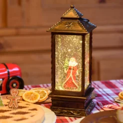 Lanterna natalizia Babbo Natale con bastone e alberello, brunita, led bianco caldo