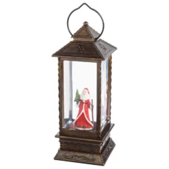 Lanterna natalizia Babbo Natale con bastone e alberello, brunita, led bianco caldo