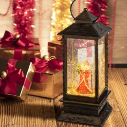 Lanterna natalizia Babbo Natale con bastone e alberello, brunita, led bianco caldo