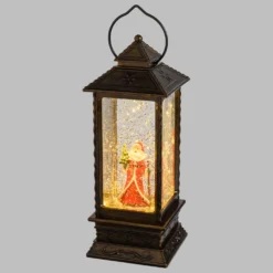 Lanterna natalizia Babbo Natale con bastone e alberello, brunita, led bianco caldo