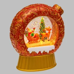 Lanterna natalizia Sfera Piatta rosso antico, glitter scintillante, h 20 cm, musiche natalizie, led bianco caldo