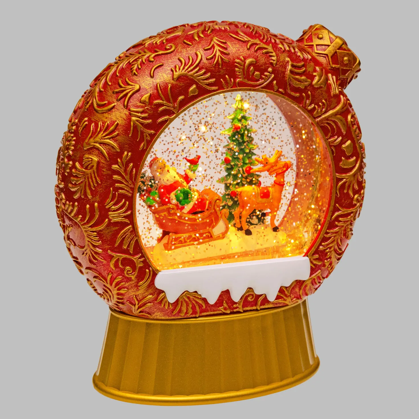 Lanterna natalizia Sfera Piatta rosso antico, glitter scintillante, h 20 cm, musiche natalizie, led bianco caldo