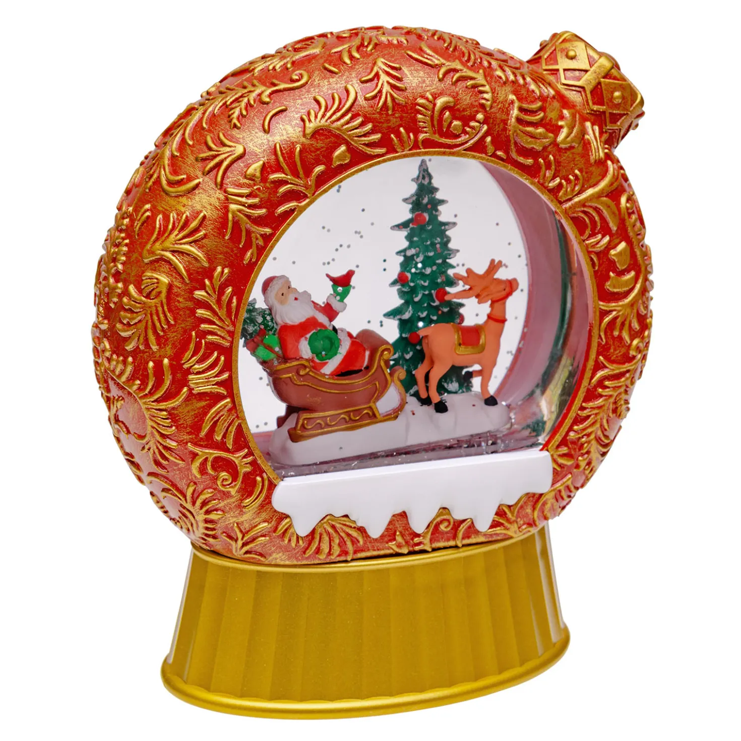 Lanterna natalizia Sfera Piatta rosso antico, glitter scintillante, h 20 cm, musiche natalizie, led bianco caldo