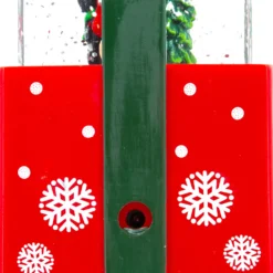 Lanterna Pacco Regalo rosso con glitter scintillanti, h 19 cm, led bianco caldo, musiche natalizie