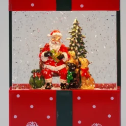 Lanterna Pacco Regalo rosso con glitter scintillanti, h 19 cm, led bianco caldo, musiche natalizie