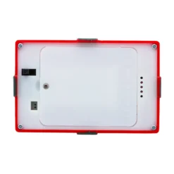 Lanterna Pacco Regalo rosso con glitter scintillanti, h 19 cm, led bianco caldo, musiche natalizie