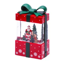 Lanterna Pacco Regalo rosso con glitter scintillanti, h 19 cm, led bianco caldo, musiche natalizie