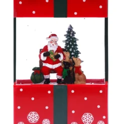 Lanterna Pacco Regalo rosso con glitter scintillanti, h 19 cm, led bianco caldo, musiche natalizie