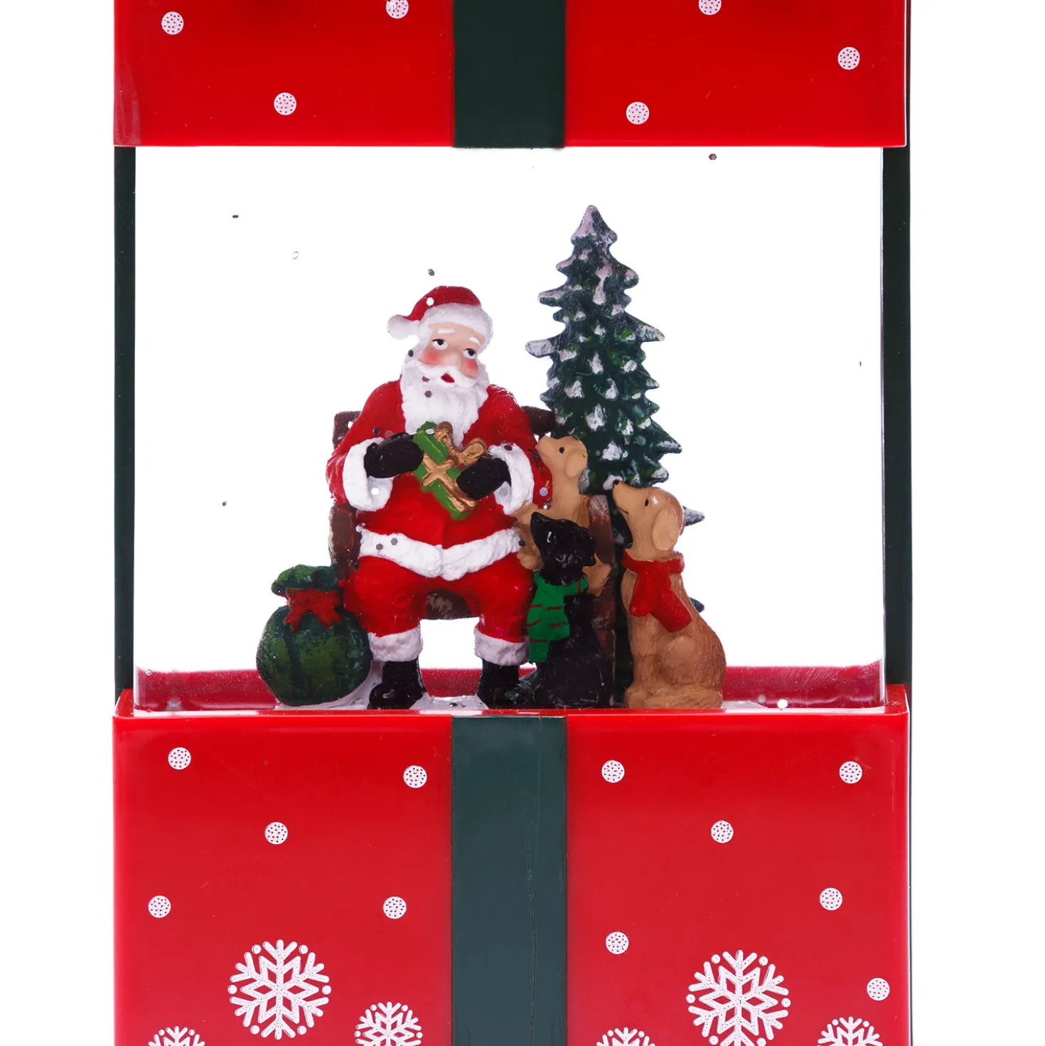 Lanterna Pacco Regalo rosso con glitter scintillanti, h 19 cm, led bianco caldo, musiche natalizie