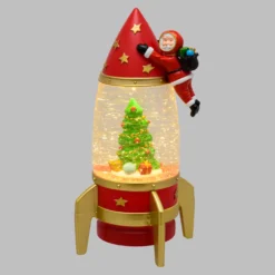 Lanterna Razzo con Babbo Natale astronauta, rosso e oro, h 27,5 cm, led bianco caldo