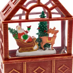 Lanterna Serra con Babbo Natale su slitta e renna, led bianco caldo