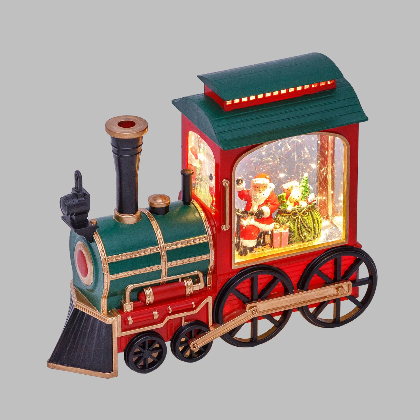 Locomotiva Verde-Rosso-Oro, glitter scintillanti, h 20 cm, led bianco caldo, musiche natalizie