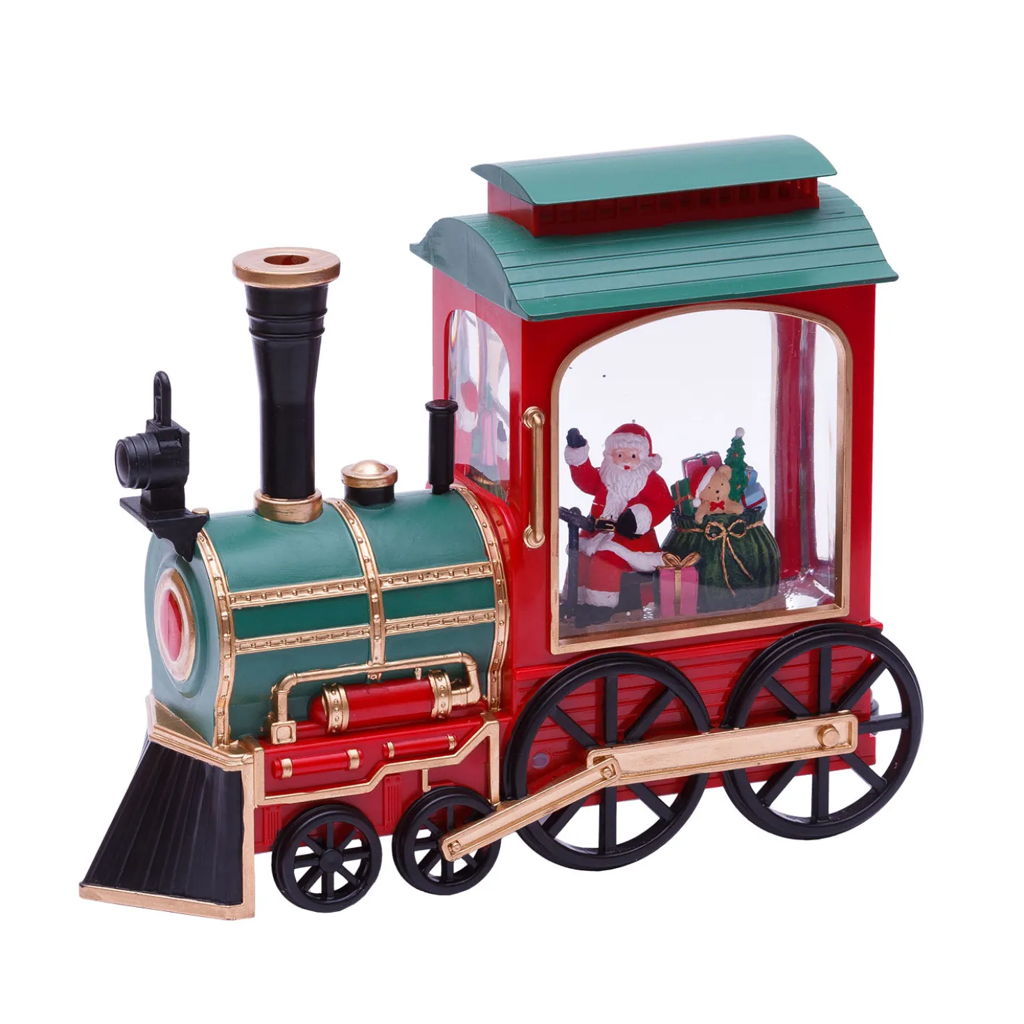Locomotiva Verde-Rosso-Oro, glitter scintillanti, h 20 cm, led bianco caldo, musiche natalizie