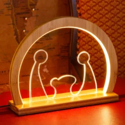 Natività Plexi in legno naturale con base, h 26 cm, led bianco caldo, uso interno