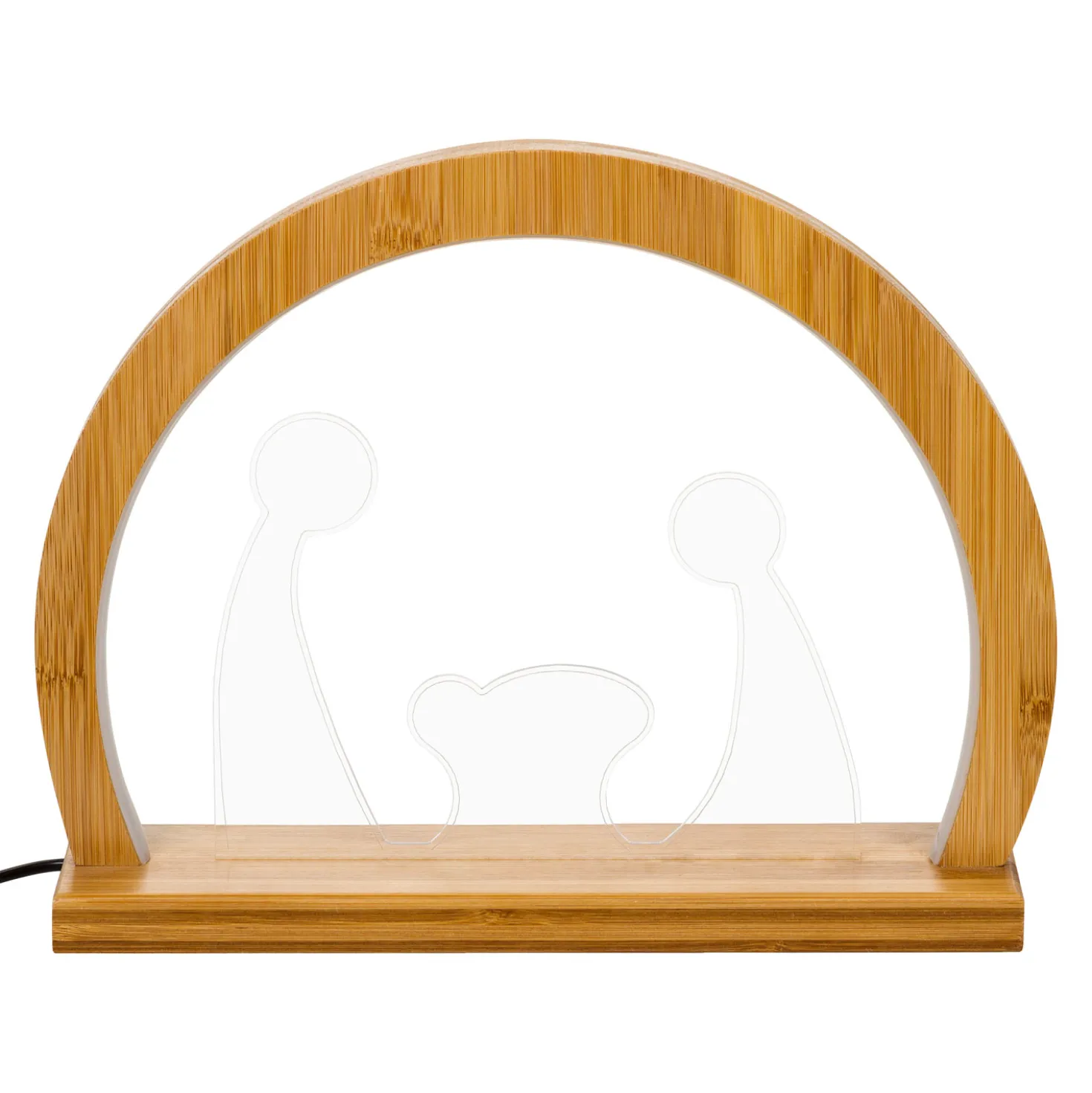 Natività Plexi in legno naturale con base, h 26 cm, led bianco caldo, uso interno