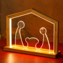 Natività Plexi in legno naturale con base, h 23,5 cm, led bianco caldo, uso interno