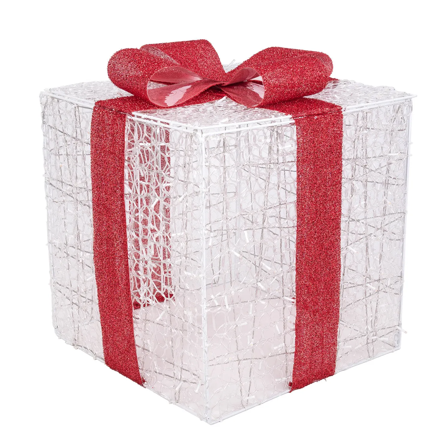 Pacco regalo 3D in acrilico trasparente, h 65 cm, 550 Dual LED bianco caldo e bianco freddo