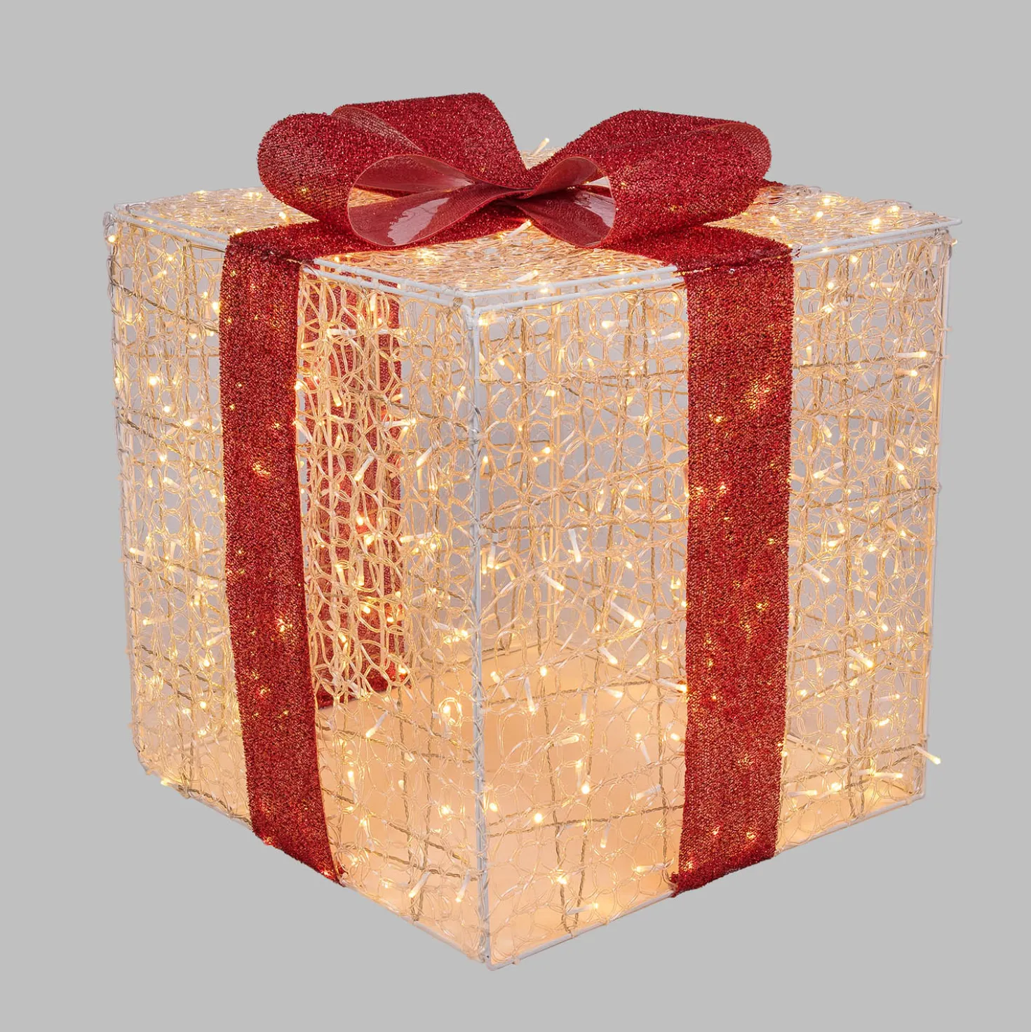 Pacco regalo 3D in acrilico trasparente, h 65 cm, 550 Dual LED bianco caldo e bianco freddo
