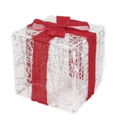 Pacco regalo 3D in acrilico trasparente, h 40 cm, 200 Dual LED bianco caldo e bianco freddo