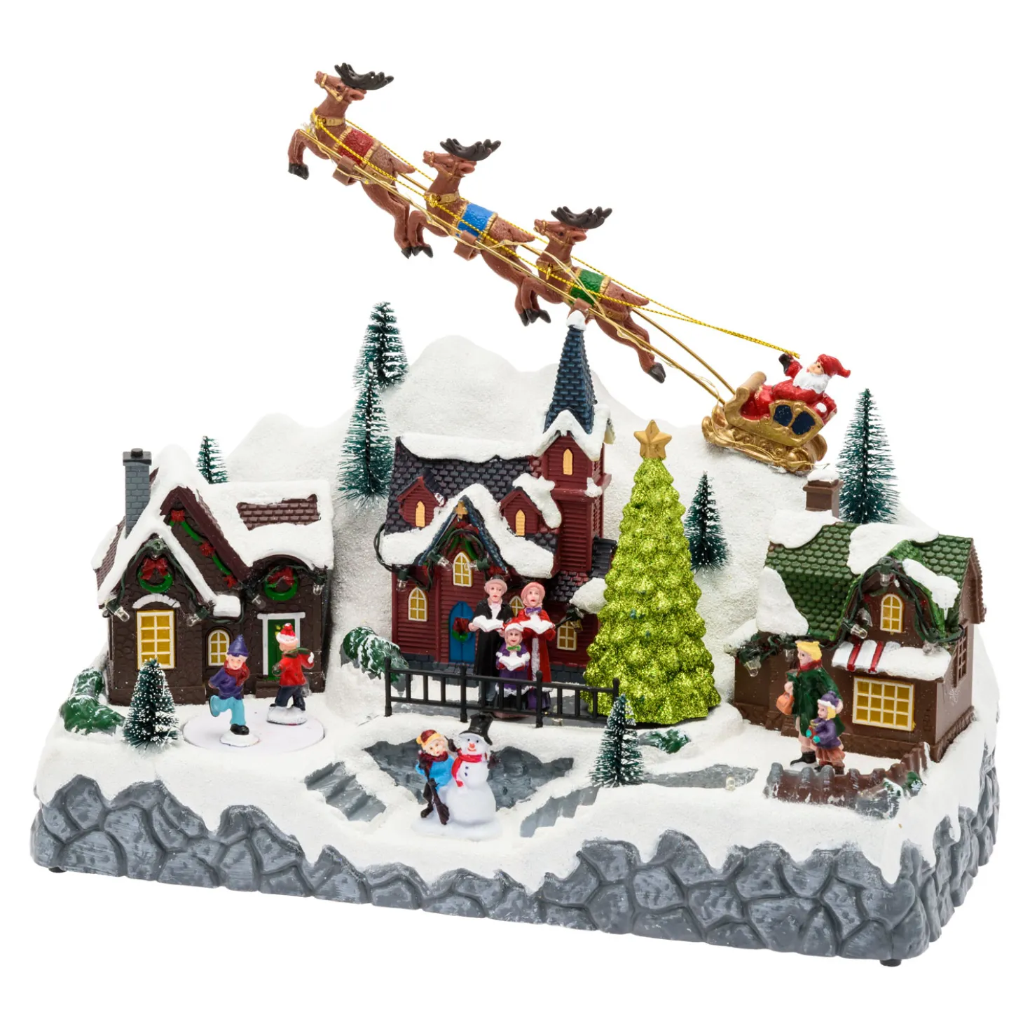Paesaggio natalizio con Babbo Natale su slitta volante e pattinatori in movimento, led multicolor