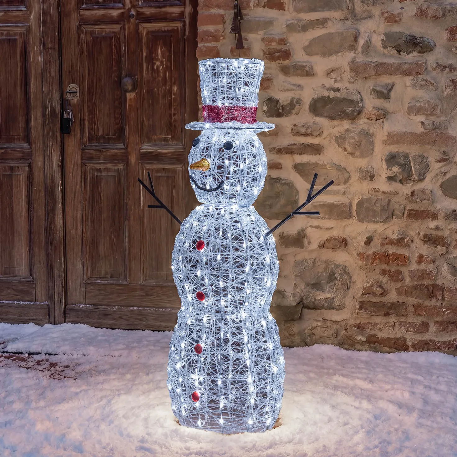 Pupazzo di Neve 3D in acrilico trasparente, h 105 cm, 220 Dual LED bianco caldo e freddo